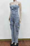 Sky Blue Sexy Pocket Buckle Patchwork Strapless Sleeveless Regular Denim Jumpsuits