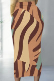 Apricot Elegant Striped Print Contrast Regular High Waist Full Print Bottoms