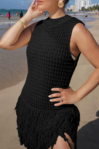Black Celebrities Solid Color Fringed Trim Hollow Out Patchwork Half A Turtleneck Straight Dresses