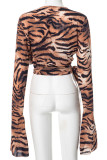 Brown Sexy Print Patchwork Ruched Asymmetrical Collar Tops