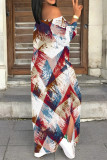 Red White Sexy Geometric Print Slit Contrast Off Shoulder Printed Dresses