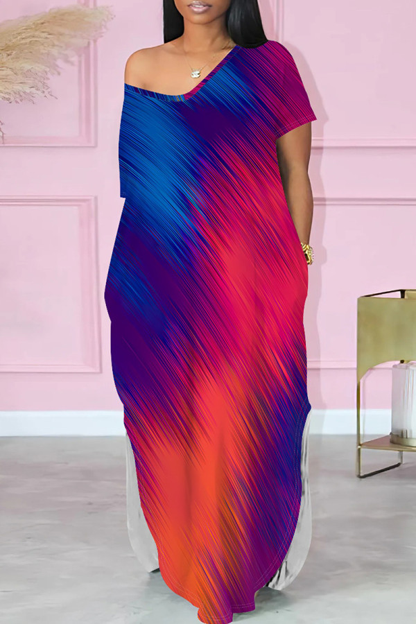 Blue Red Casual Print Pocket Patchwork Slit V Neck Straight Dresses