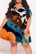 Deep Blue Casual Floral Print Contrast V Neck Printed Plus Size Dresses