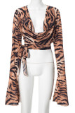 Brown Sexy Print Patchwork Ruched Asymmetrical Collar Tops