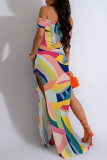 Green Yellow Sexy Striped Print Animal Print Slit Contrast Off Shoulder Printed Dresses