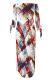 Red White Sexy Geometric Print Slit Contrast Off Shoulder Printed Dresses