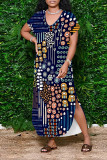 Navy Blue Casual Floral Print Pocket Slit Contrast V Neck Printed Dresses