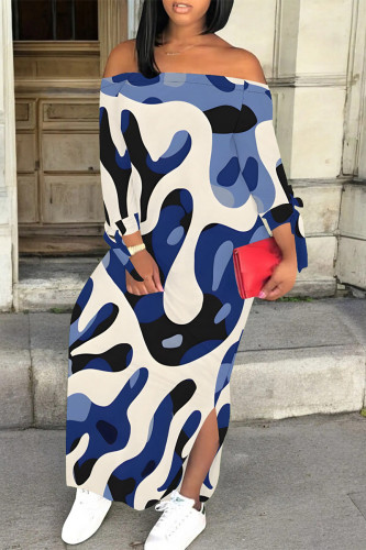 Blue White Sexy Geometric Print Slit Contrast Off Shoulder Printed Dresses