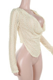 Apricot Sexy Solid Color Hollow Out Patchwork Deep V Neck Tops