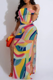 Green Yellow Sexy Striped Print Animal Print Slit Contrast Off Shoulder Printed Dresses