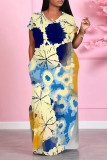 Navy Blue Casual Floral Print Pocket Slit Contrast V Neck Printed Dresses