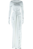 White Elegant Solid Color Patchwork High Slit Ruched Strap Design Off Shoulder Long Dresses