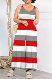 Rose Red Casual Striped Print Pocket Contrast V Neck Loose Jumpsuits