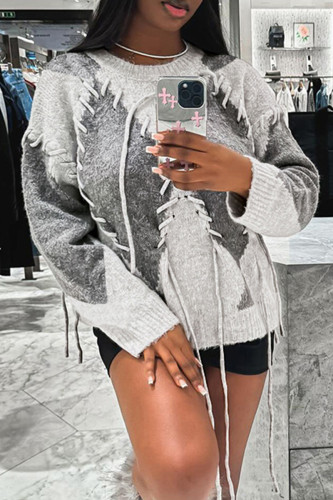 Grey Casual Patchwork Contrast O Neck Tops