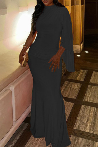 Black Elegant Solid Color Patchwork O Neck Long Dresses