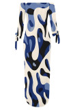 Red White Sexy Geometric Print Slit Contrast Off Shoulder Printed Dresses