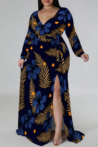 Blue Black Casual Floral Print Lace Up Slit V Neck Printed Plus Size Dresses