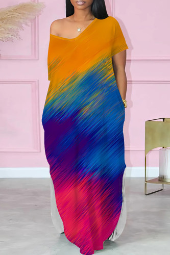 Rose Red Blue Casual Print Pocket Patchwork Slit V Neck Straight Dresses