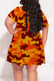 Orange Casual Camouflage Print Patchwork Contrast V Neck Printed Plus Size Dresses