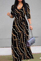 Black Gold Elegant Print Patchwork Strap Design V Neck Long Dresses