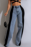 Blue Black Street Color Block Patchwork Buttons Zipper High Waist Loose Denim Jeans