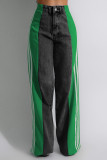 Blue Black Street Color Block Patchwork Buttons Zipper High Waist Loose Denim Jeans