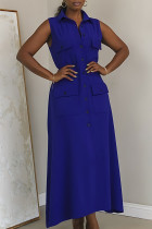 Blue Elegant Solid Color Pocket Buckle Patchwork Turndown Collar Long Dresses
