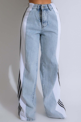 Blue White Street Color Block Patchwork Buttons Zipper High Waist Loose Denim Jeans