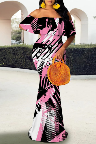 Black Pink Elegant Geometric Print Striped Print Contrast Off Shoulder One Step Skirt Dresses