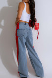 Blue Black Street Color Block Patchwork Buttons Zipper High Waist Loose Denim Jeans
