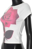 White Sexy Print Patchwork Backless O Neck T-Shirts