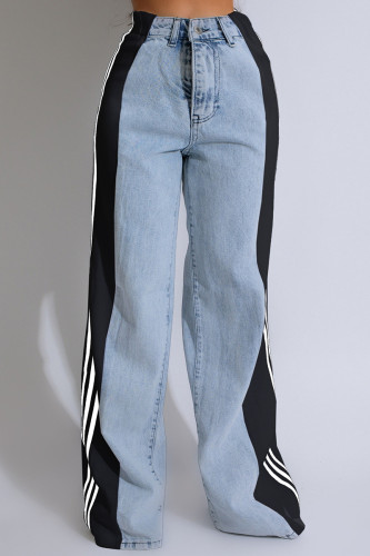 Blue Black Street Color Block Patchwork Buttons Zipper High Waist Loose Denim Jeans