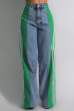 Blue Black Street Color Block Patchwork Buttons Zipper High Waist Loose Denim Jeans