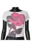 White Sexy Print Patchwork Backless O Neck T-Shirts