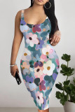 Black Sexy Geometric Print Floral Print Contrast U Neck Printed Dresses