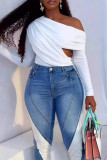 White Casual Solid Hollowed Out Patchwork Oblique Collar Tops