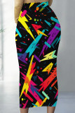 Black Casual Striped Print Splashed ink printing Contrast High Waist Full Print Bottoms