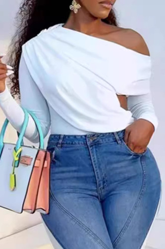 White Casual Solid Hollowed Out Patchwork Oblique Collar Tops
