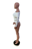 White Casual Solid Hollowed Out Patchwork Oblique Collar Tops