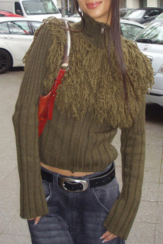Army Green Street Solid Color Fringed Trim Patchwork Zipper Zipper Collar Outerwear