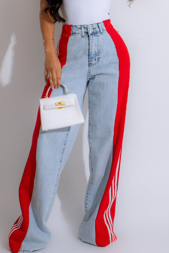 Blue Red Street Color Block Patchwork Buttons Zipper High Waist Loose Denim Jeans