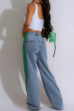 Blue Black Street Color Block Patchwork Buttons Zipper High Waist Loose Denim Jeans