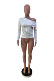 White Casual Solid Hollowed Out Patchwork Oblique Collar Tops