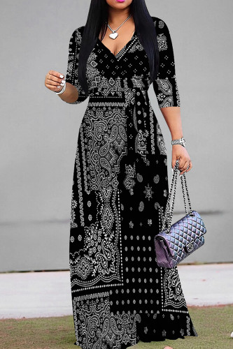 Black And White Elegant Print Patchwork Strap Design V Neck Long Dresses