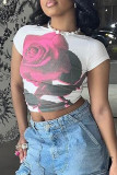 White Sexy Print Patchwork Backless O Neck T-Shirts