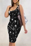 Black Sexy Geometric Print Floral Print Contrast U Neck Printed Dresses