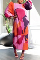 Pink Casual Print Basic O Neck Long Dresses (Without Belt)