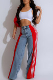 Blue Black Street Color Block Patchwork Buttons Zipper High Waist Loose Denim Jeans
