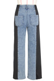 Blue Black Street Color Block Patchwork Buttons Zipper High Waist Loose Denim Jeans