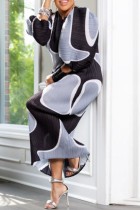 Grey Black Casual Print Basic O Neck Long Dresses (Without Belt)